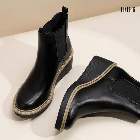 IDIFU IN3 Women's Wedge Boots Chelsea Ankle Booties Short Low Small Heel Heeled Fall Boots Lug Sole Slip On Platform Dress Boots Women Ladies Formal Wedding Dressy Comfortable Fashion Elastic Boots in Saudi Arabia