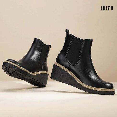 IDIFU IN3 Women's Wedge Boots Chelsea Ankle Booties Short Low Small Heel Heeled Fall Boots Lug Sole Slip On Platform Dress Boots Women Ladies Formal Wedding Dressy Comfortable Fashion Elastic Boots in Saudi Arabia