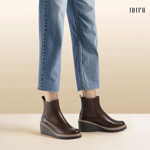 IDIFU IN3 Women's Wedge Boots Chelsea Ankle Booties Short Low Small Heel Heeled Fall Boots Lug Sole Slip On Platform Dress Boots Women Ladies Formal Wedding Dressy Comfortable Fashion Elastic Boots in Saudi Arabia