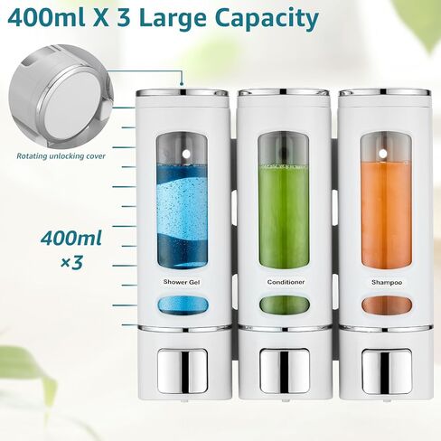 Shampoo and Conditioner Dispenser,Shower Shampoo Dispenser 3 Chamber No Drilled Shampoo Dispenser for Shower Wall Mounted Shower Dispenser Body Wash Dispenser for Bathroom Kitchen Hotel,White in Kuwait