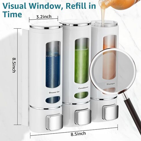 Shampoo and Conditioner Dispenser,Shower Shampoo Dispenser 3 Chamber No Drilled Shampoo Dispenser for Shower Wall Mounted Shower Dispenser Body Wash Dispenser for Bathroom Kitchen Hotel,White in Kuwait