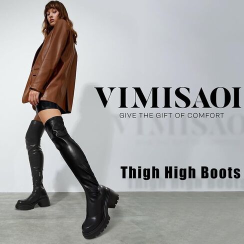 VIMISAOI Womens Chunky Block Platform Boots Fashion Pull On Round Toe Goth Knee High Boots Over the Knee Boots in Saudi Arabia
