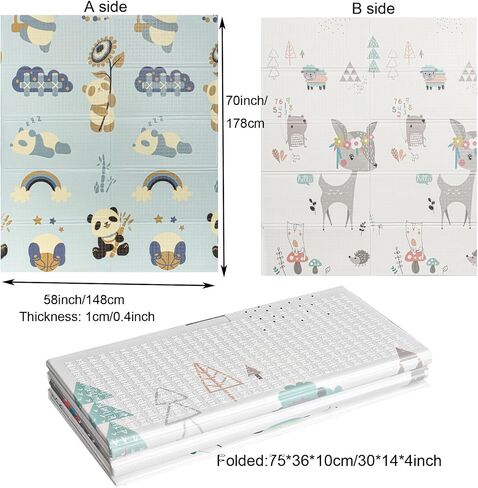 MosaiRudo 1pcs Reversible Baby Floor Mat - Foldable and Lightweight Baby Play Mat for Floor - Easy Storage and Travel (70 * 58 * 0.4inch, Fawn&Panda) in Saudi Arabia