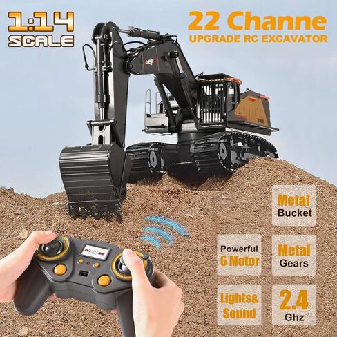kolegend 22 Channel RC Excavator Metal Shovel Independent Arms 1/14 Scale, Professional Remote Control Construction Vehicles, Boy Toys Best Gift for 8+ Years Old Boys Adults in Saudi Arabia