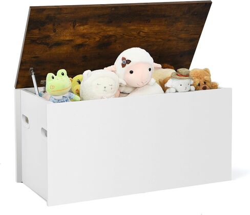 Costzon Kids Toy Box Storage Chest, Wooden Children Storage Bench Ottoman Trunk w/Flip-top Lid, 35.5" Wide Toddler Cabinet Organizer w/Pneumatic Rod for Kids Play Room Nursery (Rustic Brown + White) in Saudi Arabia