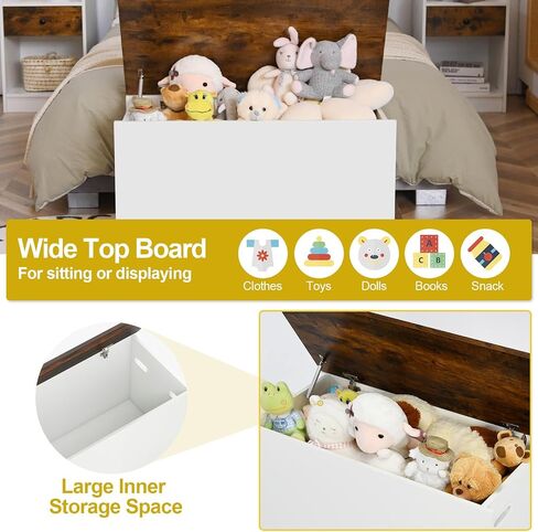 Costzon Kids Toy Box Storage Chest, Wooden Children Storage Bench Ottoman Trunk w/Flip-top Lid, 35.5" Wide Toddler Cabinet Organizer w/Pneumatic Rod for Kids Play Room Nursery (Rustic Brown + White) in Saudi Arabia
