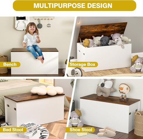 Costzon Kids Toy Box Storage Chest, Wooden Children Storage Bench Ottoman Trunk w/Flip-top Lid, 35.5" Wide Toddler Cabinet Organizer w/Pneumatic Rod for Kids Play Room Nursery (Rustic Brown + White) in Saudi Arabia