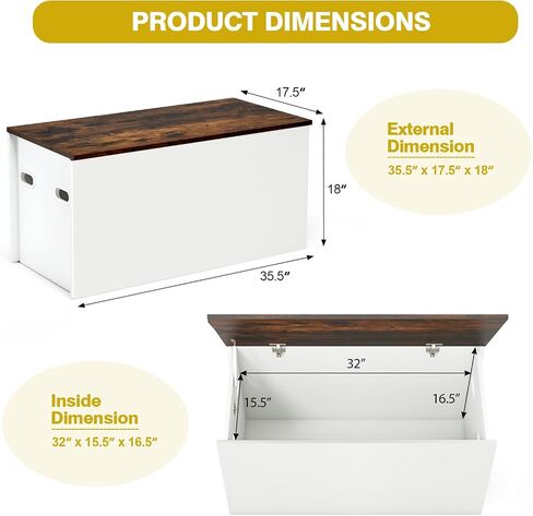 Costzon Kids Toy Box Storage Chest, Wooden Children Storage Bench Ottoman Trunk w/Flip-top Lid, 35.5" Wide Toddler Cabinet Organizer w/Pneumatic Rod for Kids Play Room Nursery (Rustic Brown + White) in Saudi Arabia