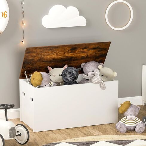Costzon Kids Toy Box Storage Chest, Wooden Children Storage Bench Ottoman Trunk w/Flip-top Lid, 35.5" Wide Toddler Cabinet Organizer w/Pneumatic Rod for Kids Play Room Nursery (Rustic Brown + White) in Saudi Arabia