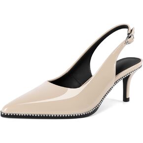 Sling Back Heels Women Sliver Beaded Kitten Pumps Closed Pointy Toe Mid Stiletto Heels Wedding Party Casual Dress Shoes Elegant 2.5 Inch Sandals