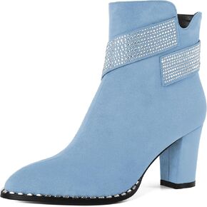 Zamikoo Chunky Heel Ankle Boots for Women Round Toe Beaded Heel Short Booties Fall Heel Boots with Sparkly Rhinestone Strap Side Zipper 3 Inches
