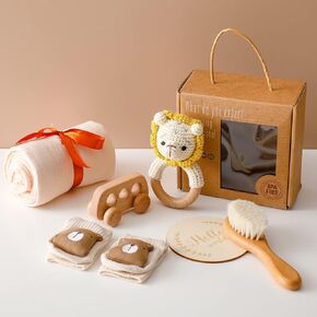 Mamimami Home Set Baby Gift Gender Reveal Gifts Baby Gifts New Baby Gift Set Newborn Gifts Baby Blanket Newborn Rattle Wooden Brush and Milestones (Lion)