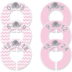 6 Baby Girl Nursery Clothing Size Closet Dividers Pink Elephant (1.25 Inch Rod)