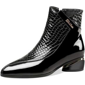 TinaCus Women's Handmade Patent Leather Pointed Toe Side Zip Up Low Chunky Heel Casual Ankle Boots
