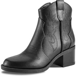 PIZZ ANNU Women's Embroidered Western Cowboy Boots Cowgirl Round Toe Short Ankle Boots Ladies Fashion Retro Classic Booties Chunky Heels