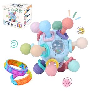 Zuni's Dare to Care Montessori Sensory Baby Teether Toy Value Pack Bundle: Non Toxic Food Grade Teether and Popping Bracelet Fidget Toys. Teether 0-6 6-24 Month Developmental Learning. Pop it Fun!