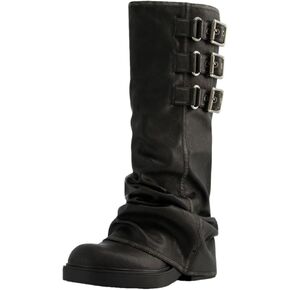 MAVMAX Women Slouchy Knee High Boots Casual Round Toe Pull On Riding Biker Boots Fold Over Chunky Low Heel Platform Boots Buckle Black US8