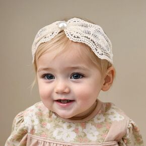 Bethynas White Lace Elastic Headband for Baby Girl Toddler Baptism Christening Hairband Infant Soft Lace Fabric Birthday Party Headwrap Accessory for Newborn Little Girl (Off-white 1, Elastic)