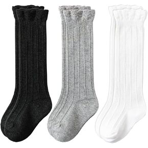 CozyWay Ruffled Knee-High Socks, 3 Pairs for Baby Girls, Black White Grey, 1-3 Years