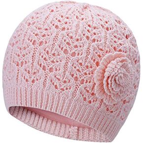 Vivobiniya Baby Girl Winter Knit Hat Toddler Beanie Double Hollow Flower Hat 6M-6Ypink and White