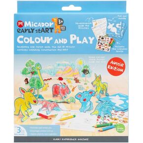 Early Start Color & Play 6-Piece Set - Aussie - Color + Construct 8 Animals - Pop-Out Cards + Activities + Color Pencils + Stickers - Ages 3+