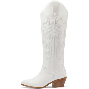 Women's Round Toe Cowboy Boots Vintage Shoes Embroidered Floral Knee Long Chunky Heel Western Knee High Boot