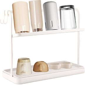 Water Bottle Drying Rack with 2 Tier Holder,Baby Bottle Drying Rack with Drain Tray,Wide Jug Organizer for Kitchen,Glass Cup Coffee Mug Holder with 2pcs Side Hooks for Kitchen Counter (White)