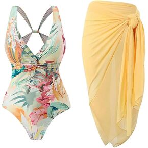 Women's One-Piece Swimsuits with Beach Cover Up Retro Swimsuit for Women with Cover Up Bathing Suits for Women Y2-Large
