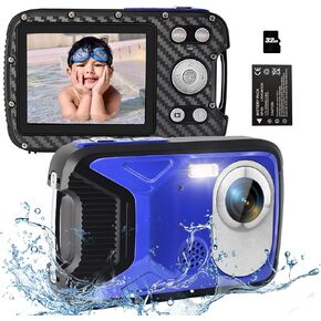 Digital Camera 30MP Kids Digital Camera with 32G Card and Rechargeable Battery, 18X Digital Zoom Compact Portable Digital Camera for Snorkeling Swimming Blue