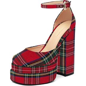 FOGEENA Red Plaid Platform Heels for Women Chunky Block Heels Closed Round Toe Ankle Strap 5.9 Inch Pumps Fashion Dating Prom Party Dress Shoes Size 8