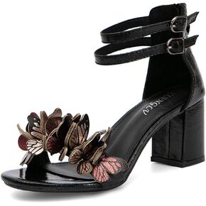 JOEupin Womens Butterfly Heeled Sandals Open Toe Ankle Strap Block Heels Summer Dress Shoes