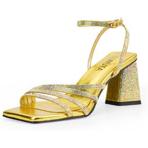 Women's Rhinestone Sparkling Heeled Sandals, Ankle-Strap Pin-Buckled Block Heel Gold Square-Toe Sandals, Dress-Up Summer Ball Party Dress Shoes