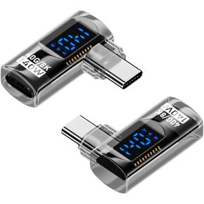 2 Pack USB C Adapter with Digital Display, 90 Degree Right Angle 140W USB-C Male to Female Connector for ROG Ally, Steam Deck and More, Support Voltage, Current and Power Smart LED Display