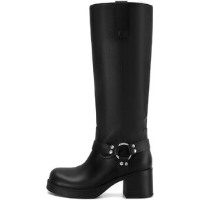 Dsevht Leather Knee High Boots for Women Chunky Platform Heeled Tall Long Boots Round Toe GoGo Boot Heeled Riding Motocycle Boots