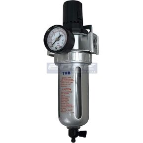 IN-LINE COMPRESSED AIR FILTER REGULATOR COMBO PIGGYBACK, POLY BOWL AND METAL BOWL GUARD, 5 MICRON ELEMENT, ADJUSTABLE FROM 7 TO 145 PSI (1/4" NPT)