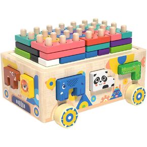 Wooden Shape Color Sorter Truck Animal Stacking Sorting Educational Toys for Preschool Toddlers Learning Montessori Developmental Block Puzzles for Kids 1 2 3 Years Old