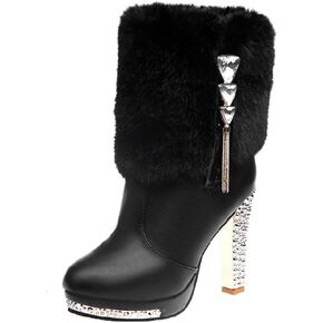 Purubylley Women's Winter Fur Warm Plush Ankle Boots,Fashion Rhinestones Deco Side Zipper Non-slip Warm Closure Chunky High Heel Snow Boots