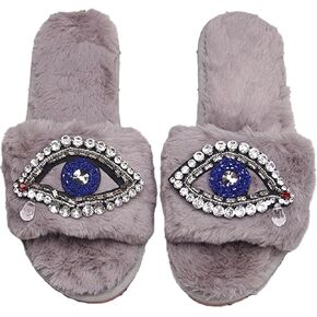 Evil Eye Slippers Women Plush Flat Slippers Tears on Slides Fashion Fuzzy Plush Slides Flip Flop Indoor Bedroom Shoes