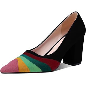 LEHOOR Women Rainbow Chunky Heel Pumps Pointed Toe Suede Multicolor High Heels 3 Inch Slip On Closed Toe Block Dress Pumps for Ladies Party Office Classic Comfy Retro Fashion 4-13 M US
