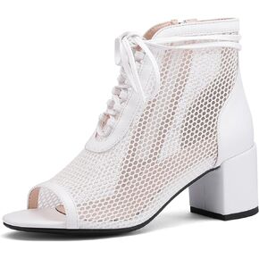 Mesh Sandals Open Toe Booties for Women Low Heel Comfortable Summer Shoes with Side Zipper