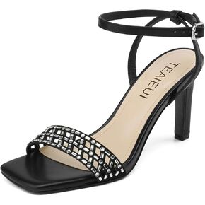 Womens Heeled Sandals Square Open Toe Ankle Strap Heels Rhinestone Strappy High Heels Sandals for Party Wedding Sandals