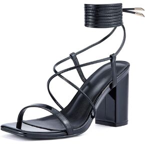Women Strappy Chunky Heels Sandals Square Open Toe Lace Up Heel 3 inch Ankle Strap Block High Heeled Sandals