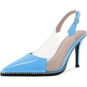 SAMMITOP Slingback Heels for Women Pointed Toe Stiletto High Heel Clear Pumps Silver Beaded Slip On Party Prom Dress Shoes 3.5 Inch
