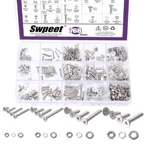 Swpeet 700Pcs 304 Stainless Steel C Type M2.5 Cross Flat Phillips Head Machine Screws and Hex Nuts and Flat Washers with Split Lock Washers Assortment Kit, Perfect for Home Automotive Shop Use
