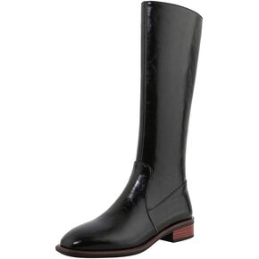 TinaCus Genuine Leather Women's Comfort Low Chunky Heel Handmade Classic Square Toe Side Zip Up Simple Style Knee High Boots