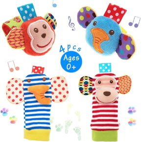 Baby Rattle,URUTOREO Baby Wrist Rattle and Foot Rattles Finder Socks Set, Developmental Soft Animal Rattles Monkey and Elephant Socks Toys Infant Baby Toys (4 Pcs)