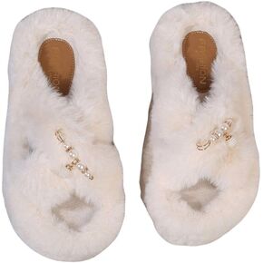 Verdusa Women's Fuzzy Memory Foam Slippers Cross Band Cozy Plush Home Slippers Furry Open Toe House Shoes