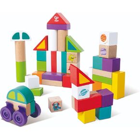 Hape: Space Monster Stacking Blocks - 54pc Wooden Colorful Various Shapes Set, Wheels to Build A Car, Stack & Play Toy, Kids, Toddlers & Baby Ages 1+