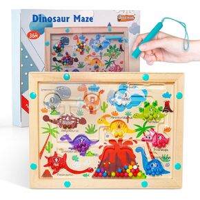 Montessori STEM Dinosaur Magnetic Wooden Puzzle Maze – Educational Learning Toy for Kids, Fine Motor Skills Development, Hand-Eye Coordination, Problem Solving, Ages 3+