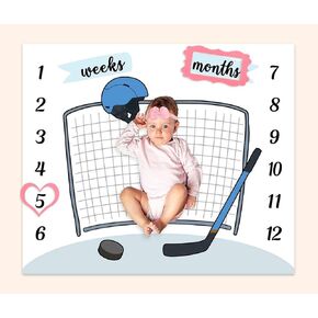 Baby Age Milestone Blanket, Hockey Goal Helmet Stick Blanket for Nursery, Baby 1-12 Months Growth Chart, Includes 4 Frame and 1 Headband 47"x40" BTLSPH300